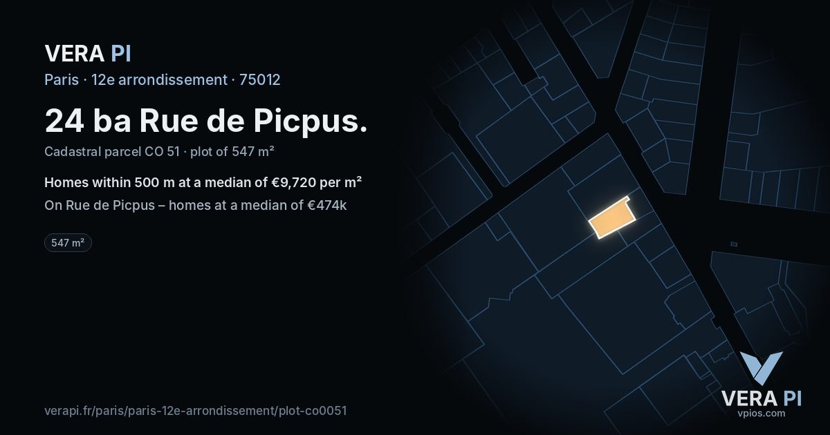 24 ba Rue de Picpus, 12e arrondissement at night – the plot lit, the parcels around coloured by the prices near them