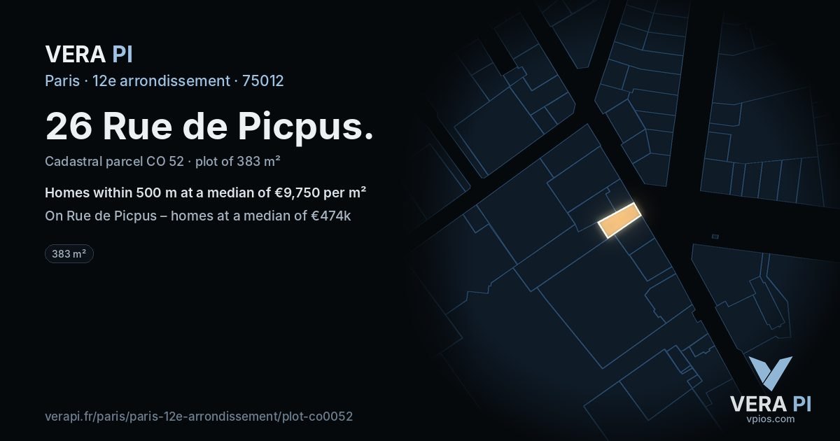 26 Rue de Picpus, 12e arrondissement at night – the plot lit, the parcels around coloured by the prices near them
