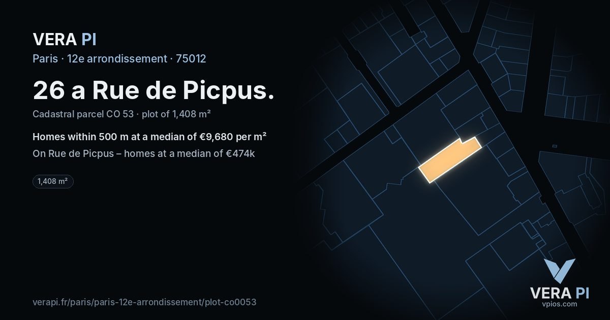26 a Rue de Picpus, 12e arrondissement at night – the plot lit, the parcels around coloured by the prices near them