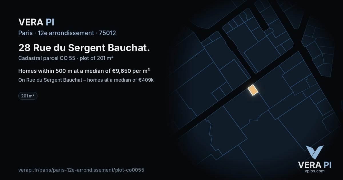 28 Rue du Sergent Bauchat, 12e arrondissement at night – the plot lit, the parcels around coloured by the prices near them