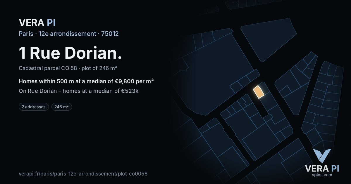 1 Rue Dorian, 12e arrondissement at night – the plot lit, the parcels around coloured by the prices near them