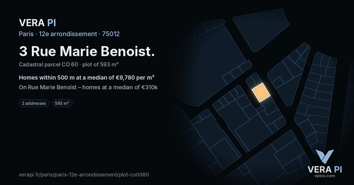 3 Rue Marie Benoist, 12e arrondissement at night – the plot lit, the parcels around coloured by the prices near them