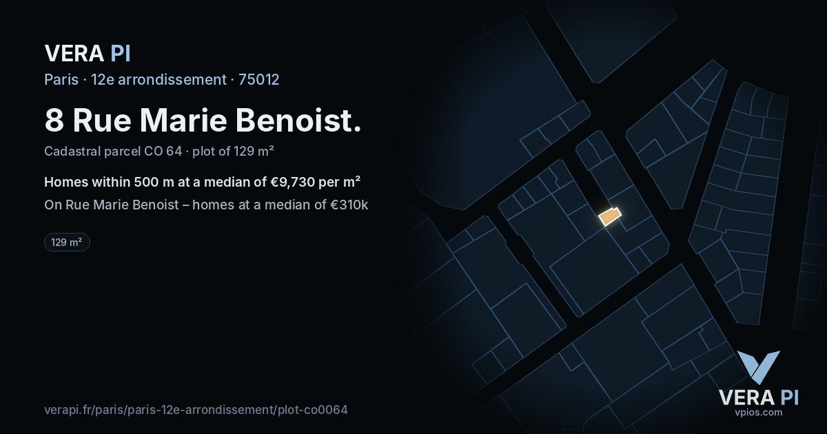 8 Rue Marie Benoist, 12e arrondissement at night – the plot lit, the parcels around coloured by the prices near them