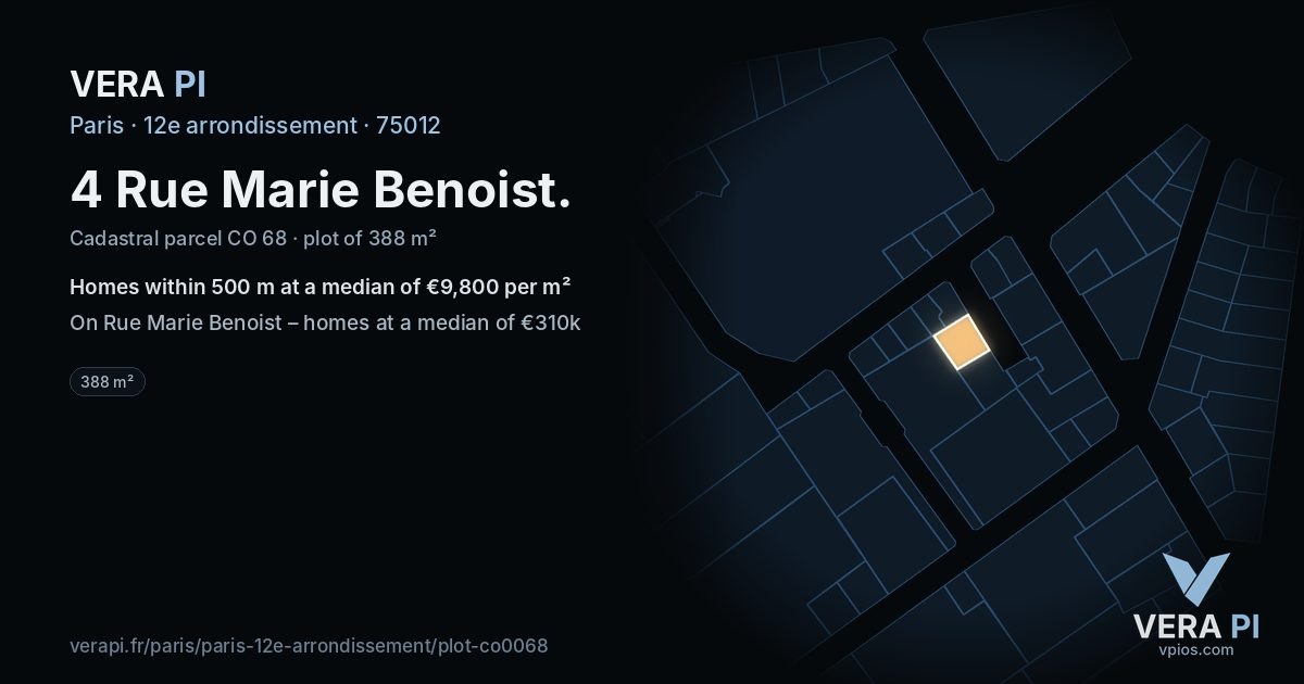 4 Rue Marie Benoist, 12e arrondissement at night – the plot lit, the parcels around coloured by the prices near them