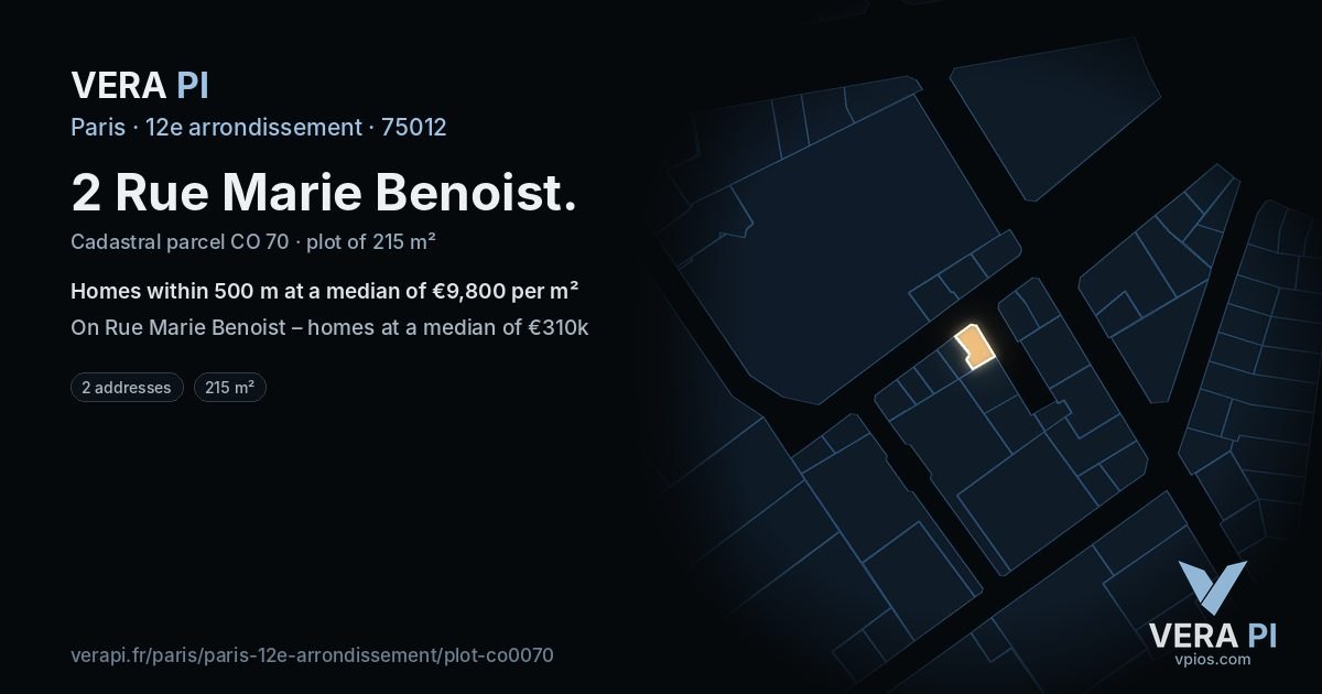 2 Rue Marie Benoist, 12e arrondissement at night – the plot lit, the parcels around coloured by the prices near them