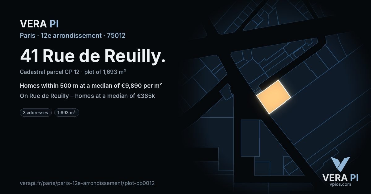 41 Rue de Reuilly, 12e arrondissement at night – the plot lit, the parcels around coloured by the prices near them