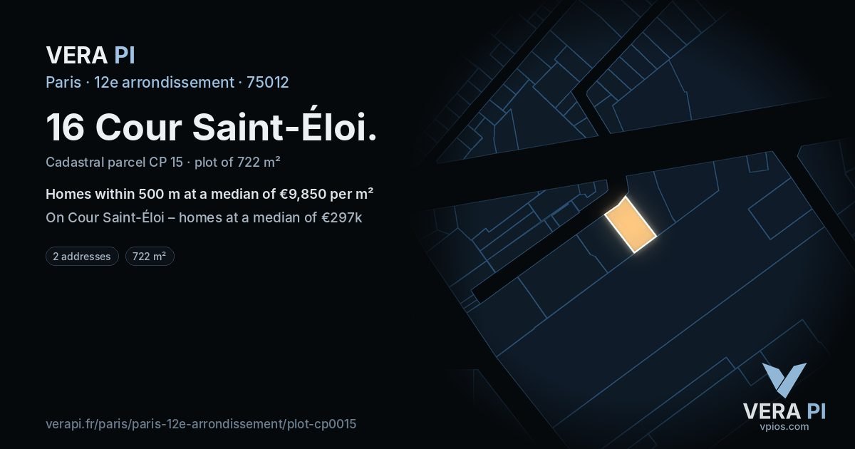 16 Cour Saint-Éloi, 12e arrondissement at night – the plot lit, the parcels around coloured by the prices near them