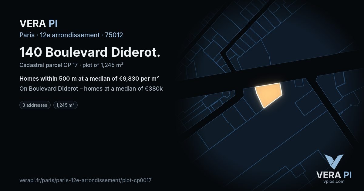 140 Boulevard Diderot, 12e arrondissement at night – the plot lit, the parcels around coloured by the prices near them