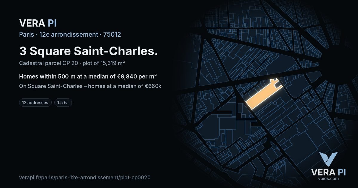 3 Square Saint-Charles, 12e arrondissement at night – the plot lit, the parcels around coloured by the prices near them