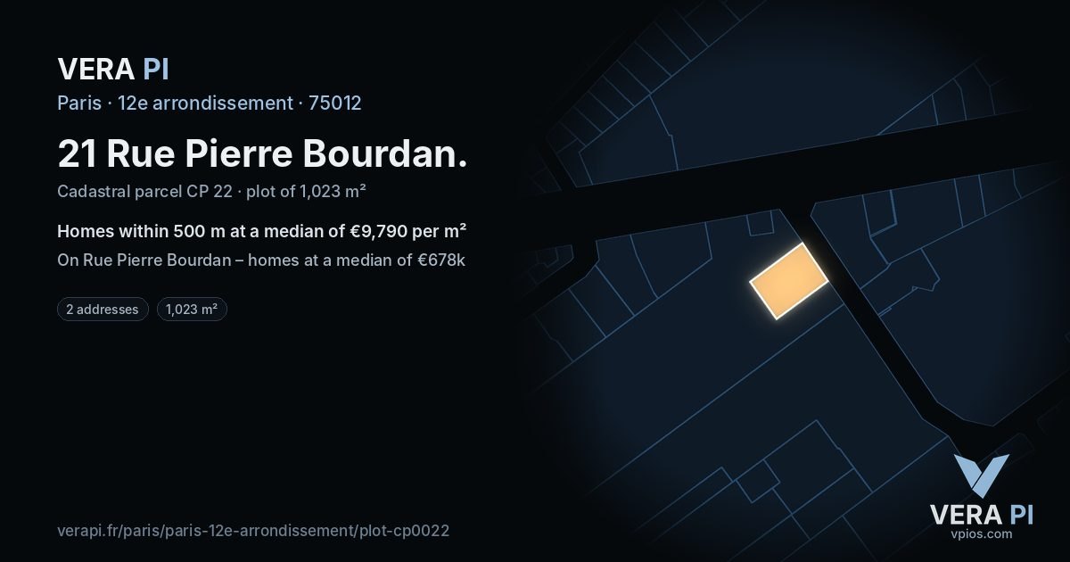 21 Rue Pierre Bourdan, 12e arrondissement at night – the plot lit, the parcels around coloured by the prices near them