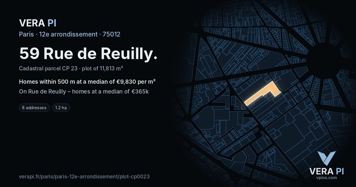 59 Rue de Reuilly, 12e arrondissement at night – the plot lit, the parcels around coloured by the prices near them