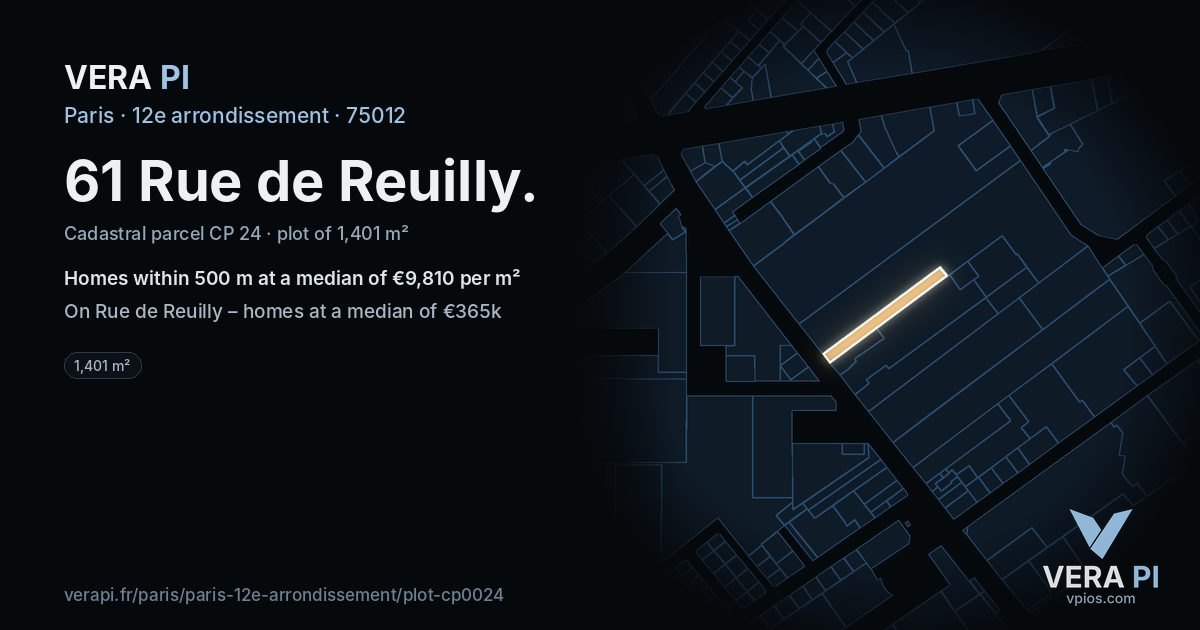 61 Rue de Reuilly, 12e arrondissement at night – the plot lit, the parcels around coloured by the prices near them