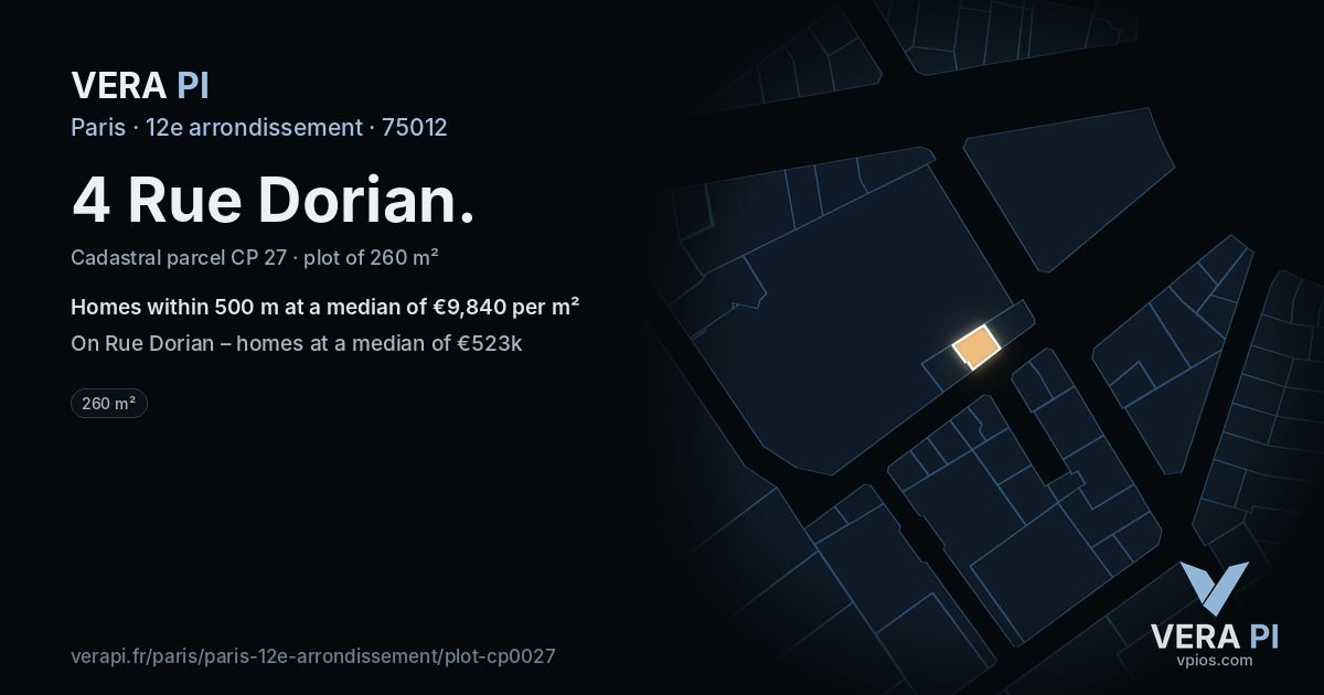 4 Rue Dorian, 12e arrondissement at night – the plot lit, the parcels around coloured by the prices near them