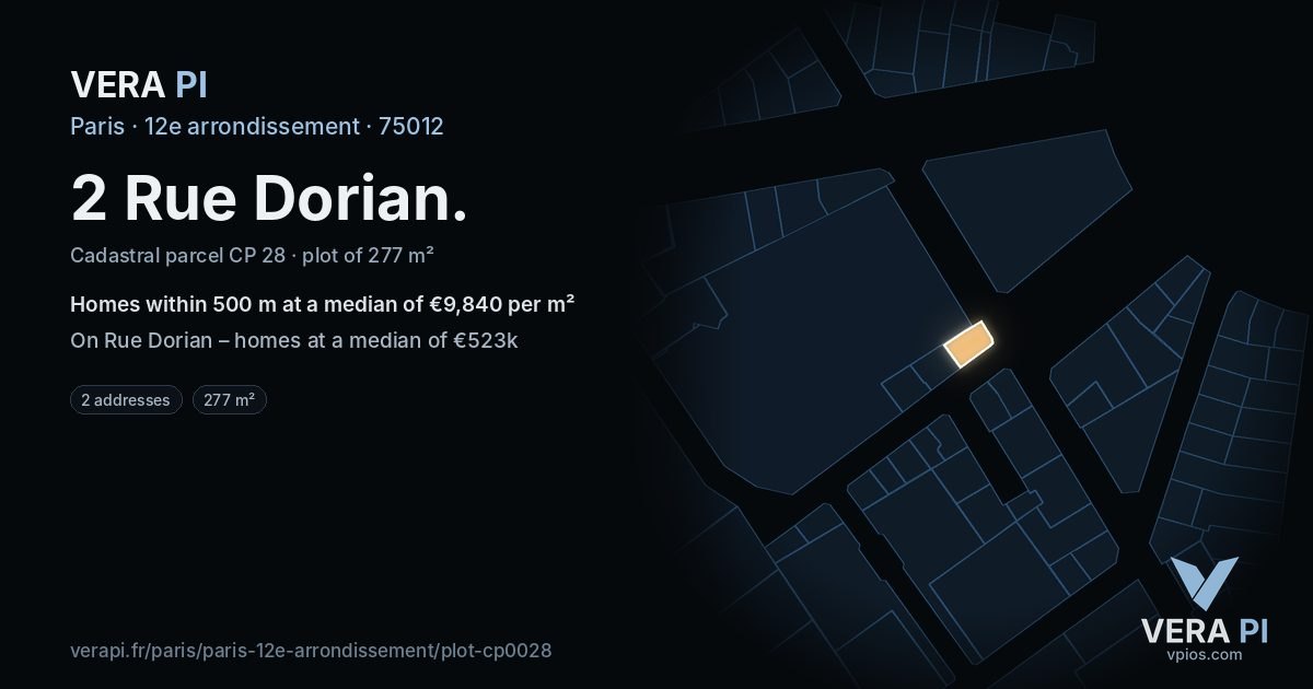 2 Rue Dorian, 12e arrondissement at night – the plot lit, the parcels around coloured by the prices near them