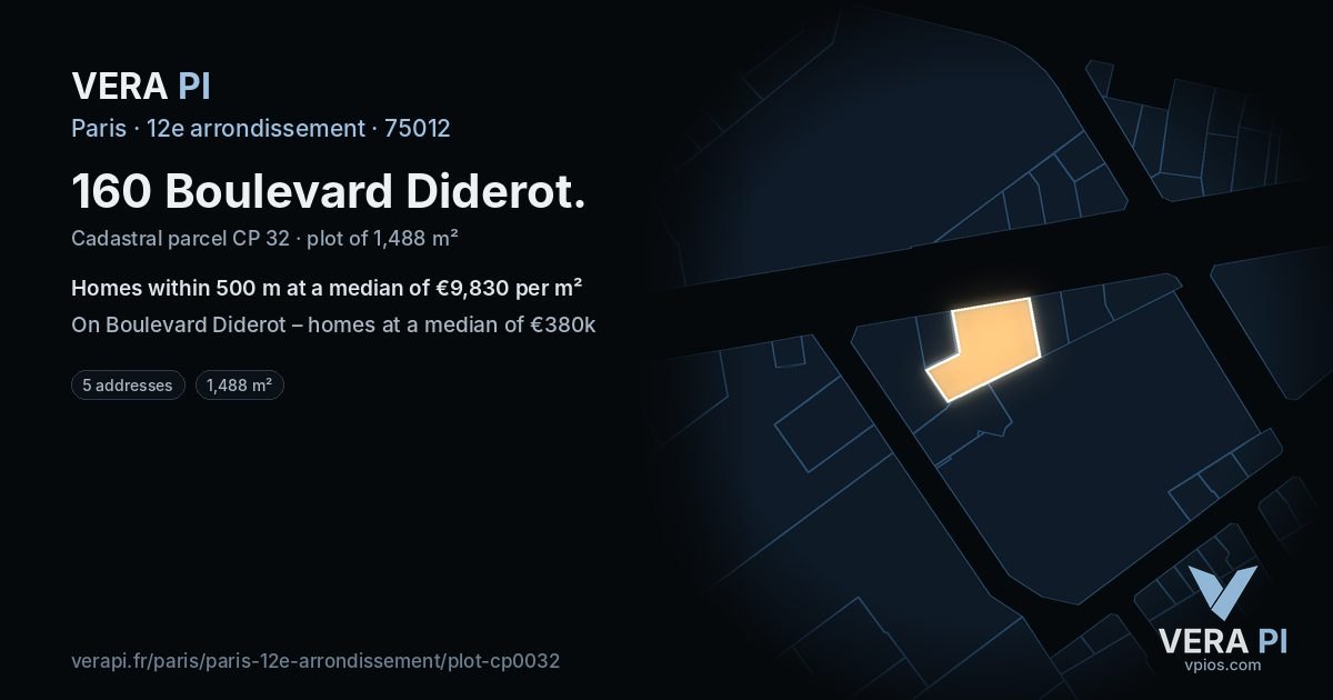 160 Boulevard Diderot, 12e arrondissement at night – the plot lit, the parcels around coloured by the prices near them