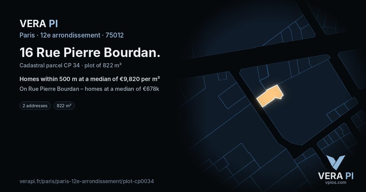 16 Rue Pierre Bourdan, 12e arrondissement at night – the plot lit, the parcels around coloured by the prices near them