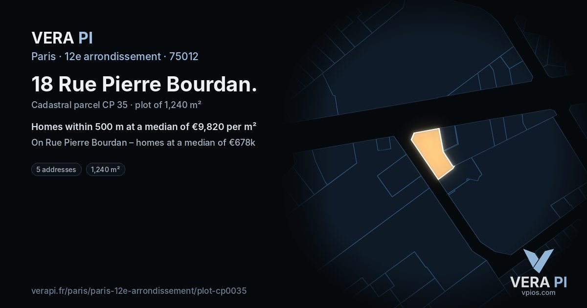 18 Rue Pierre Bourdan, 12e arrondissement at night – the plot lit, the parcels around coloured by the prices near them
