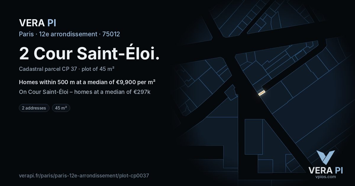2 Cour Saint-Éloi, 12e arrondissement at night – the plot lit, the parcels around coloured by the prices near them
