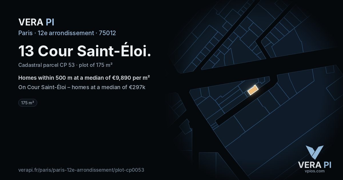 13 Cour Saint-Éloi, 12e arrondissement at night – the plot lit, the parcels around coloured by the prices near them