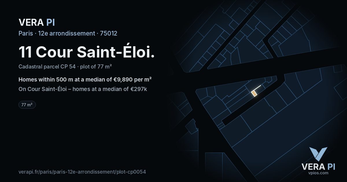 11 Cour Saint-Éloi, 12e arrondissement at night – the plot lit, the parcels around coloured by the prices near them