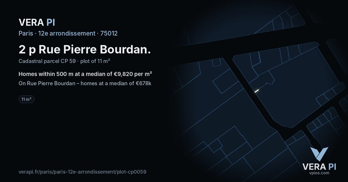 2 p Rue Pierre Bourdan, 12e arrondissement at night – the plot lit, the parcels around coloured by the prices near them