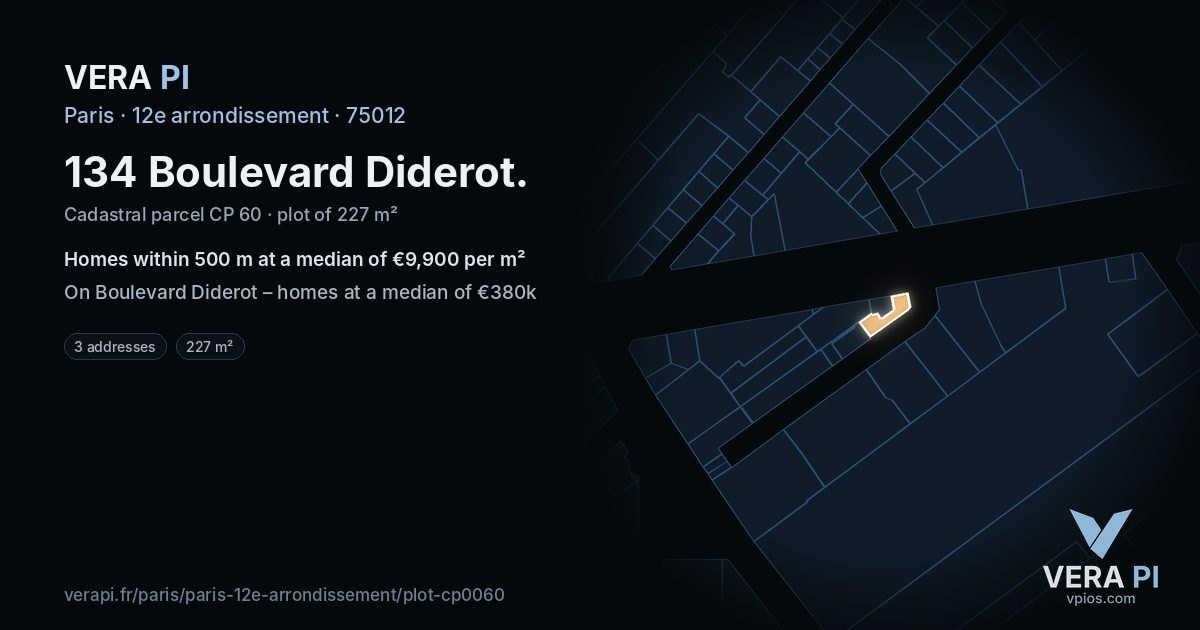 134 Boulevard Diderot, 12e arrondissement at night – the plot lit, the parcels around coloured by the prices near them