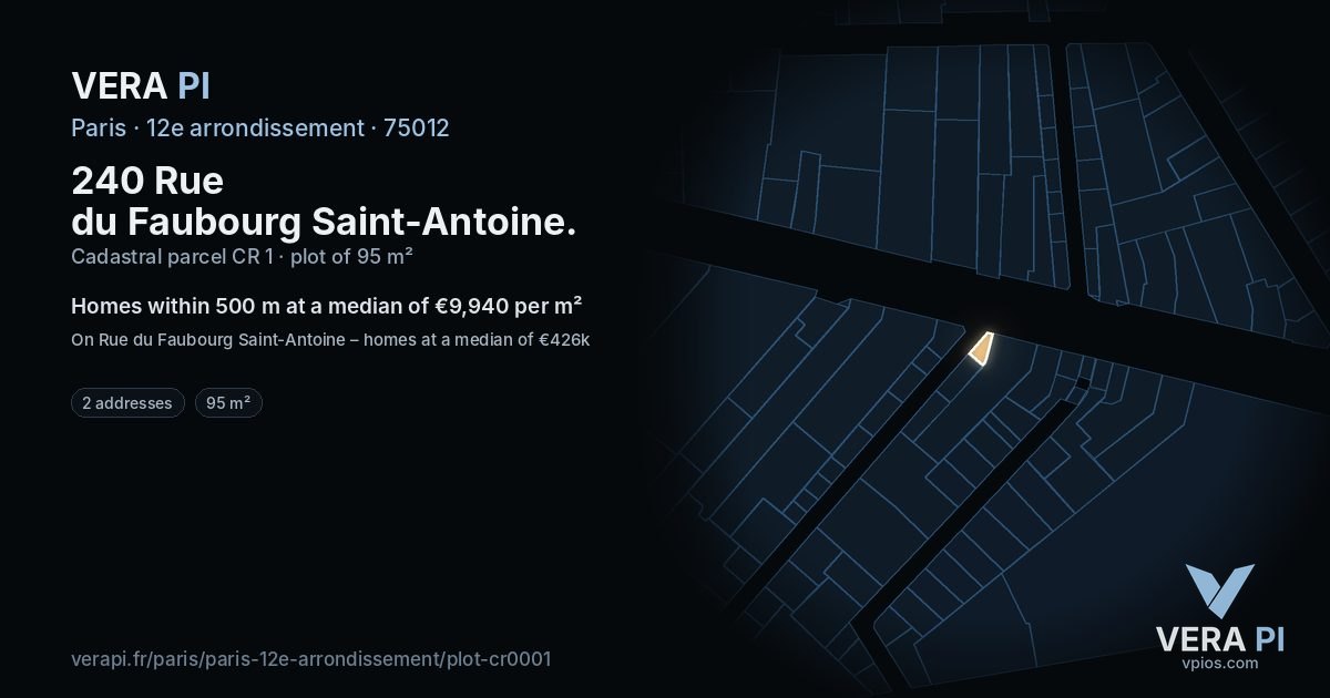 240 Rue du Faubourg Saint-Antoine, 12e arrondissement at night – the plot lit, the parcels around coloured by the prices near them
