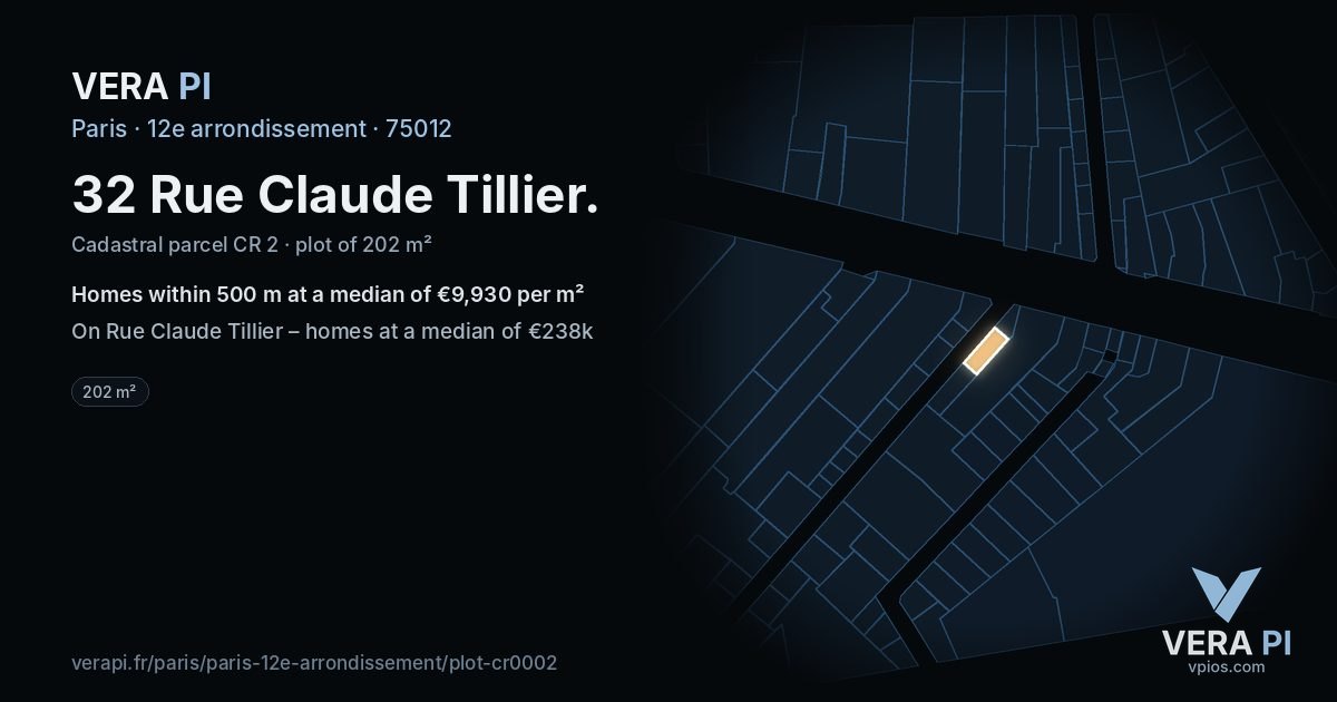 32 Rue Claude Tillier, 12e arrondissement at night – the plot lit, the parcels around coloured by the prices near them