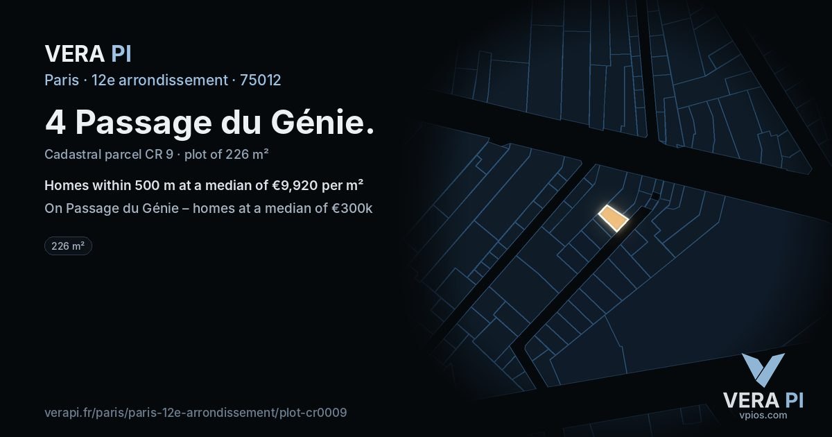 4 Passage du Génie, 12e arrondissement at night – the plot lit, the parcels around coloured by the prices near them