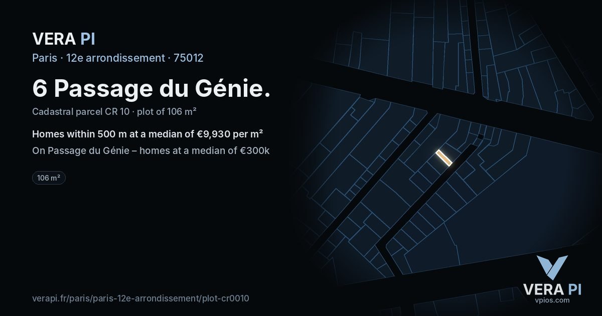 6 Passage du Génie, 12e arrondissement at night – the plot lit, the parcels around coloured by the prices near them