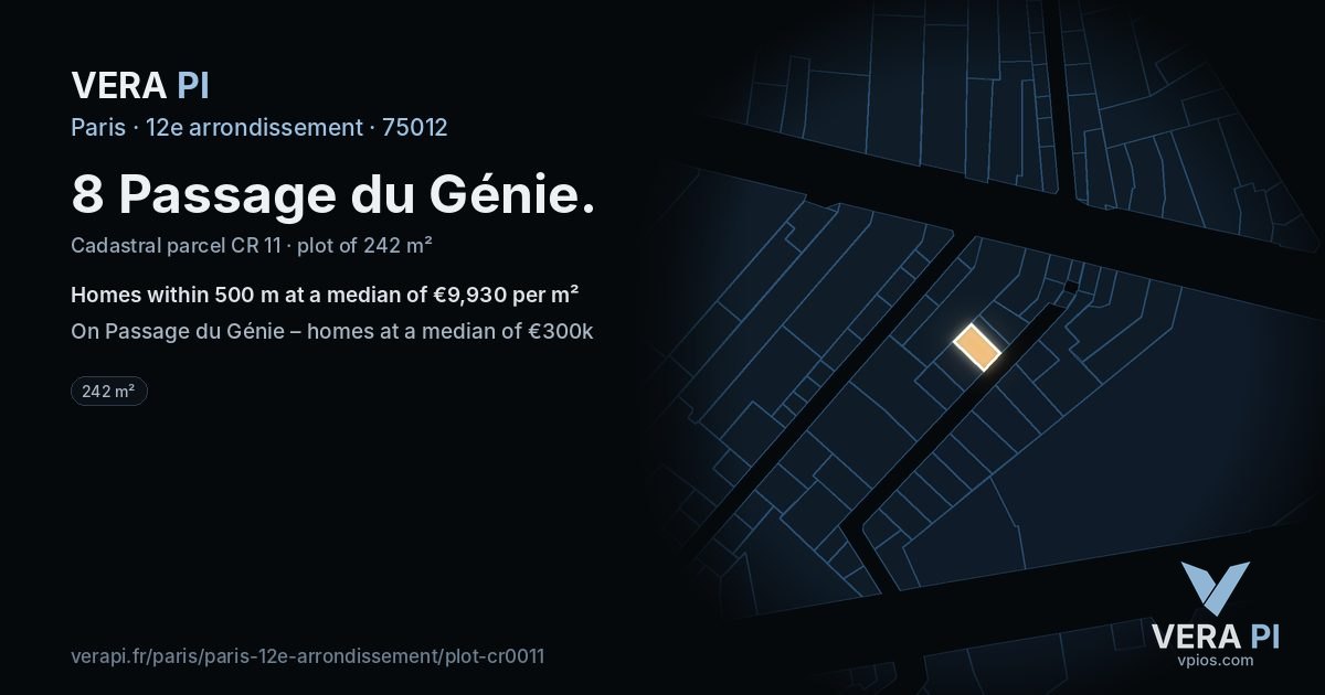 8 Passage du Génie, 12e arrondissement at night – the plot lit, the parcels around coloured by the prices near them
