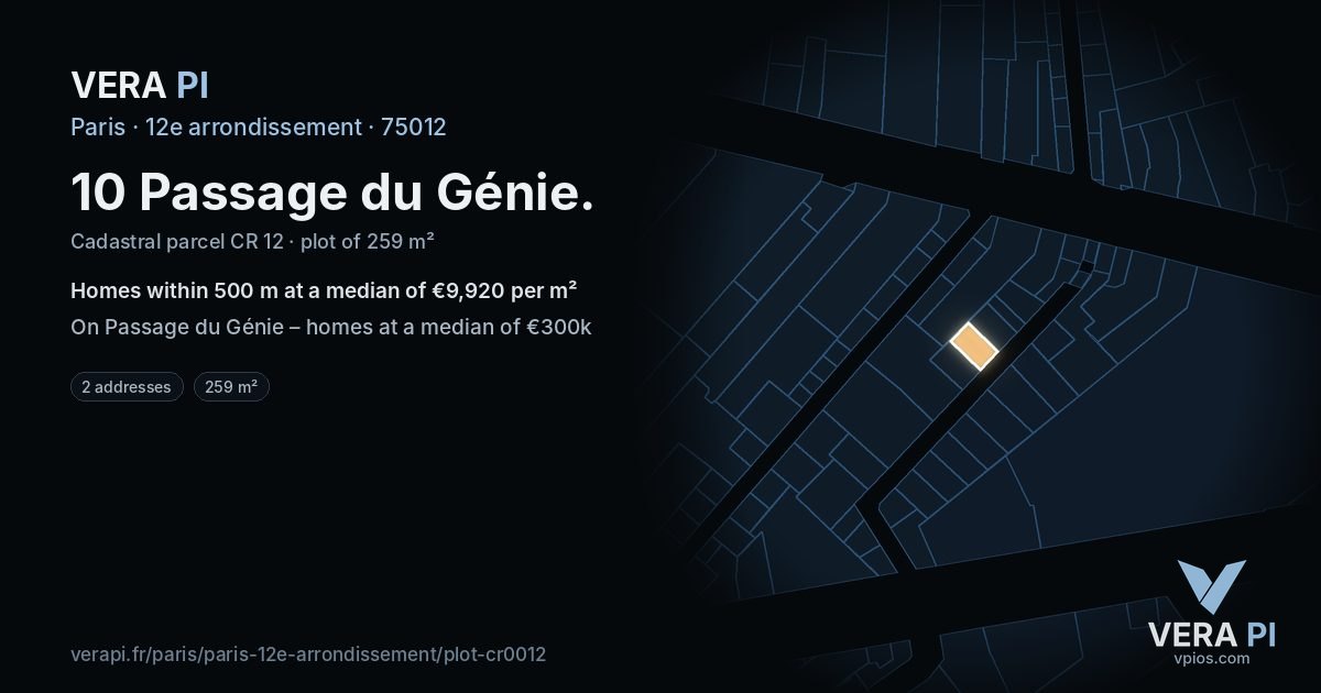 10 Passage du Génie, 12e arrondissement at night – the plot lit, the parcels around coloured by the prices near them