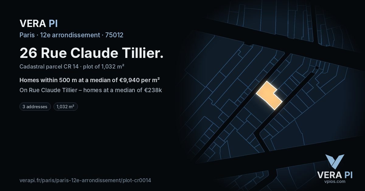 26 Rue Claude Tillier, 12e arrondissement at night – the plot lit, the parcels around coloured by the prices near them