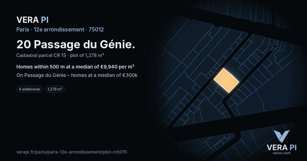 20 Passage du Génie, 12e arrondissement at night – the plot lit, the parcels around coloured by the prices near them