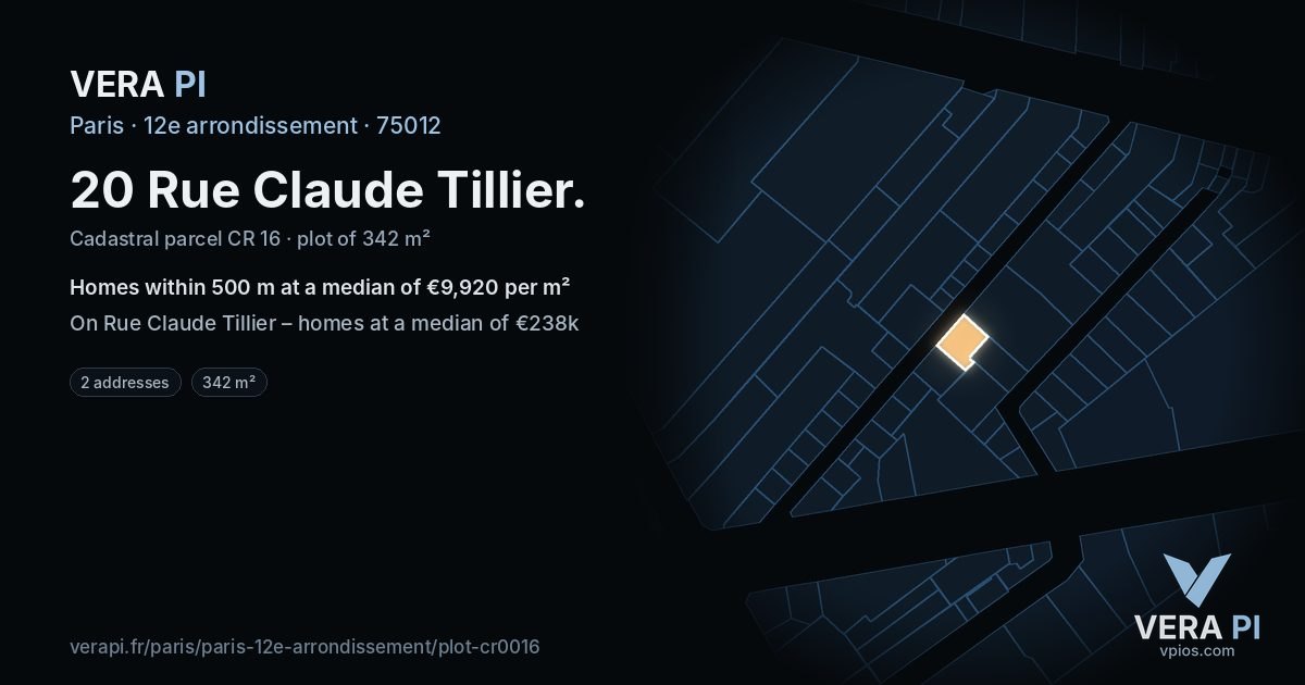 20 Rue Claude Tillier, 12e arrondissement at night – the plot lit, the parcels around coloured by the prices near them