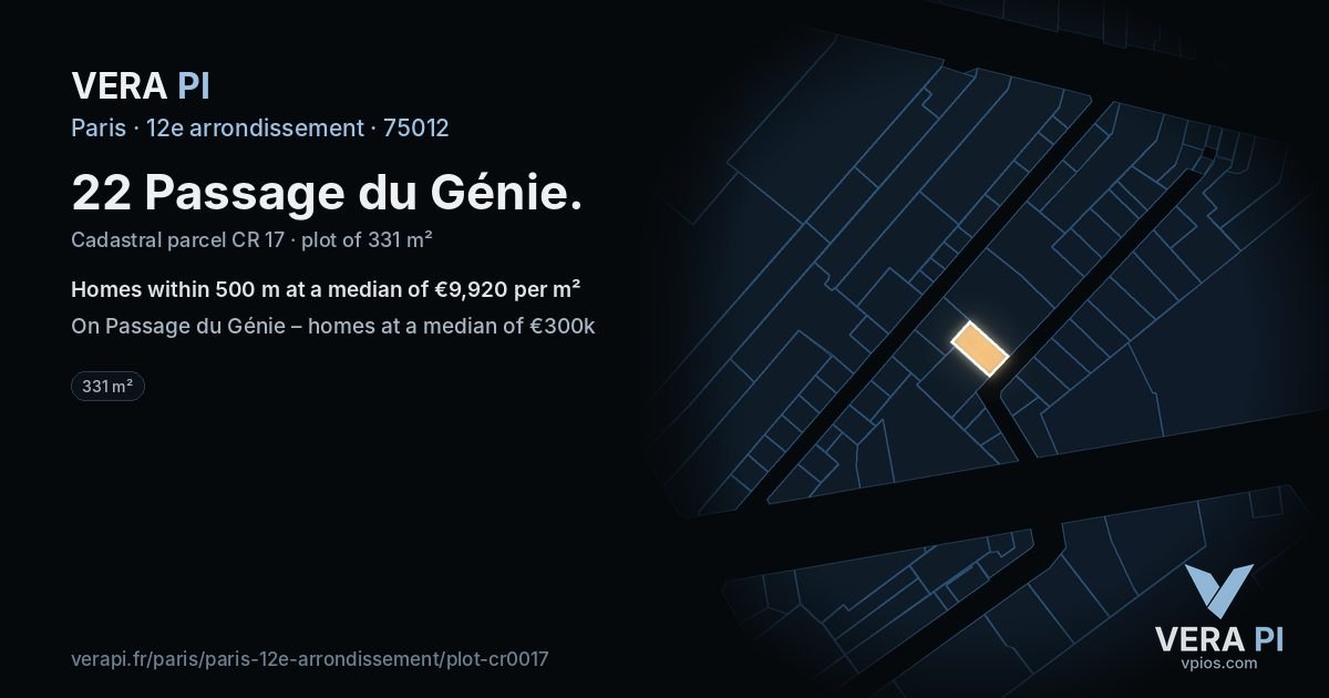 22 Passage du Génie, 12e arrondissement at night – the plot lit, the parcels around coloured by the prices near them
