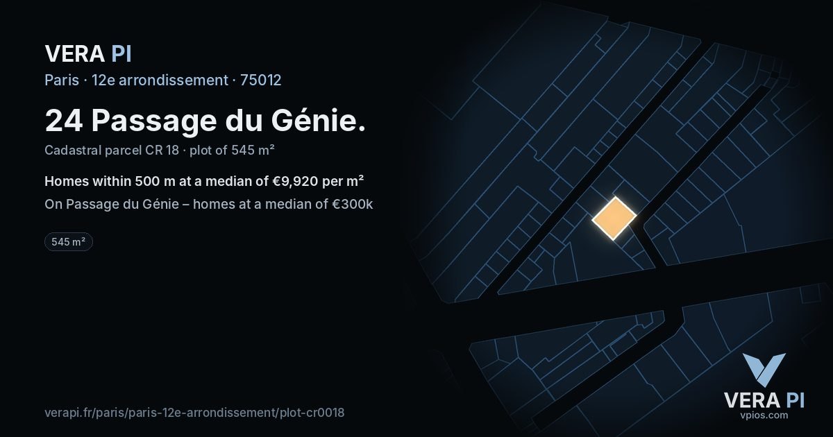24 Passage du Génie, 12e arrondissement at night – the plot lit, the parcels around coloured by the prices near them