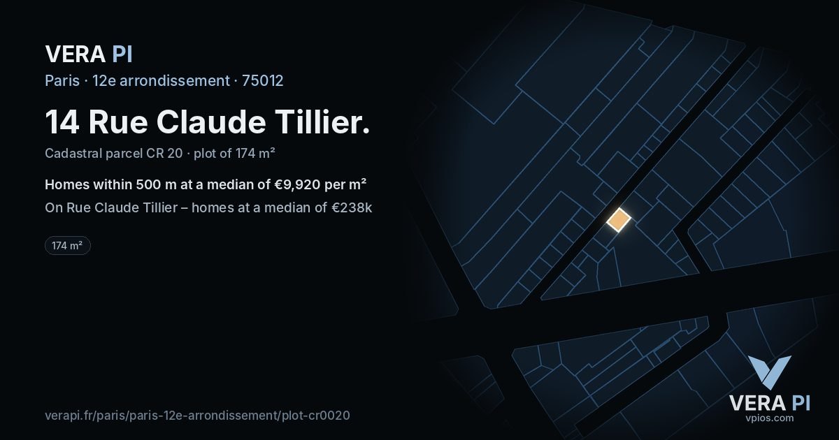 14 Rue Claude Tillier, 12e arrondissement at night – the plot lit, the parcels around coloured by the prices near them
