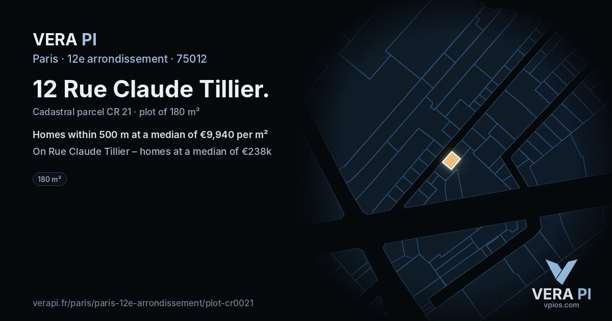 12 Rue Claude Tillier, 12e arrondissement at night – the plot lit, the parcels around coloured by the prices near them