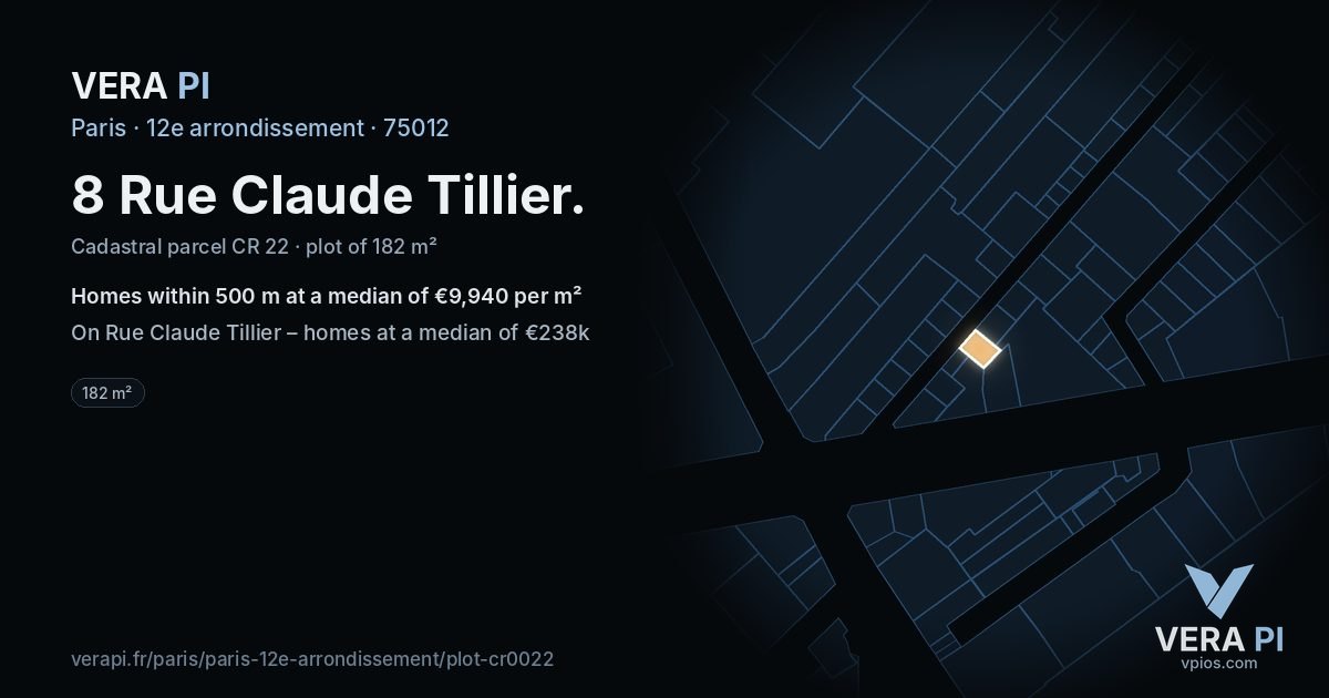8 Rue Claude Tillier, 12e arrondissement at night – the plot lit, the parcels around coloured by the prices near them