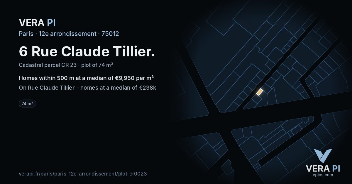 6 Rue Claude Tillier, 12e arrondissement at night – the plot lit, the parcels around coloured by the prices near them