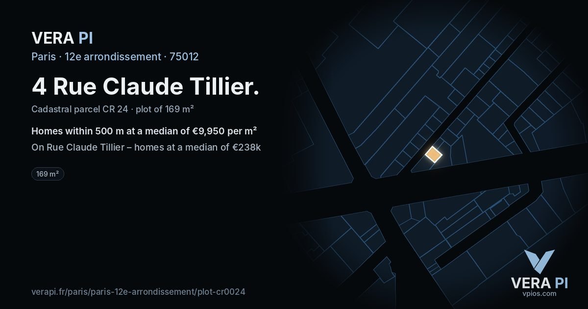 4 Rue Claude Tillier, 12e arrondissement at night – the plot lit, the parcels around coloured by the prices near them