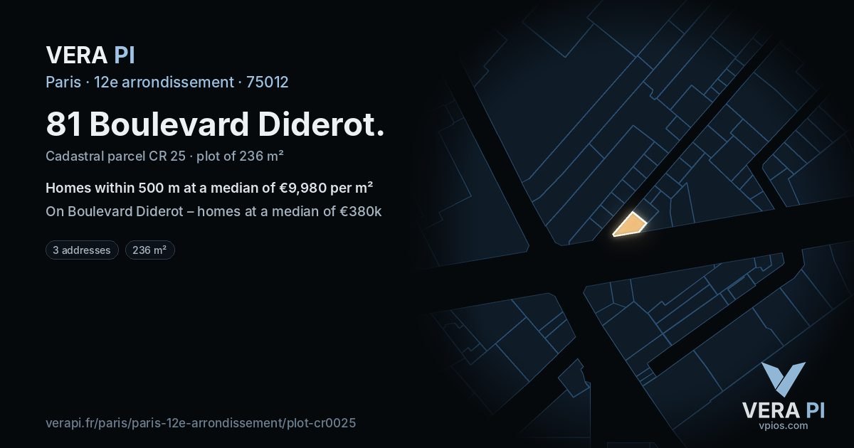 81 Boulevard Diderot, 12e arrondissement at night – the plot lit, the parcels around coloured by the prices near them