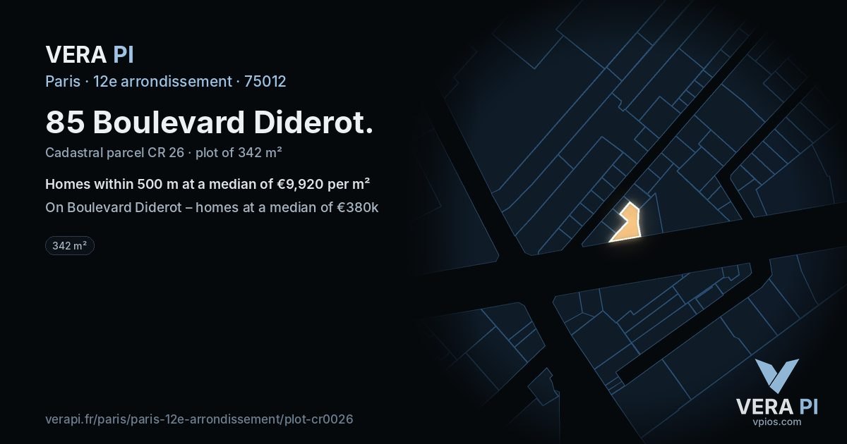 85 Boulevard Diderot, 12e arrondissement at night – the plot lit, the parcels around coloured by the prices near them