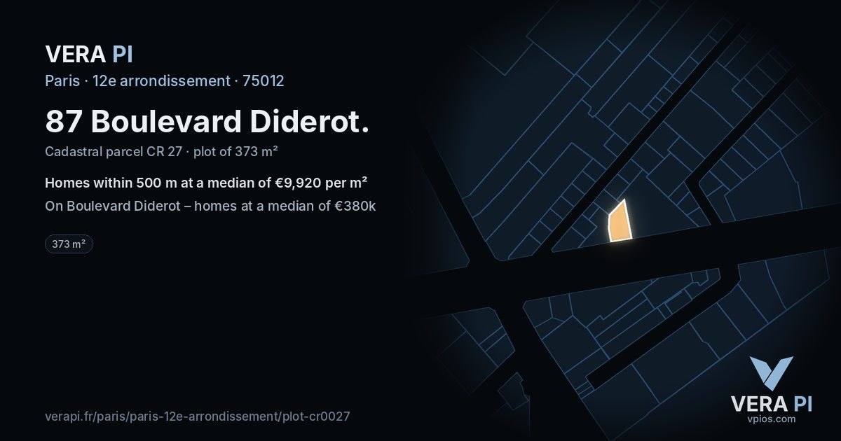 87 Boulevard Diderot, 12e arrondissement at night – the plot lit, the parcels around coloured by the prices near them