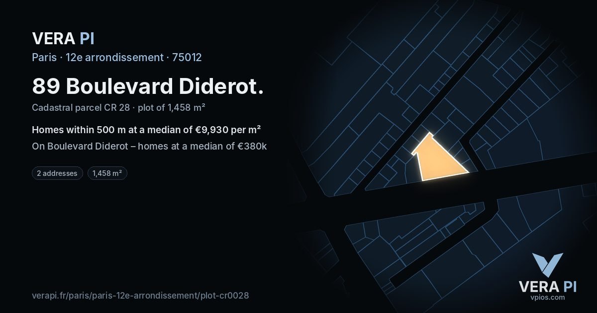 89 Boulevard Diderot, 12e arrondissement at night – the plot lit, the parcels around coloured by the prices near them