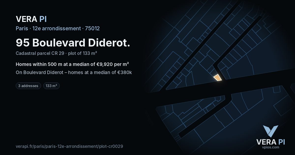 95 Boulevard Diderot, 12e arrondissement at night – the plot lit, the parcels around coloured by the prices near them