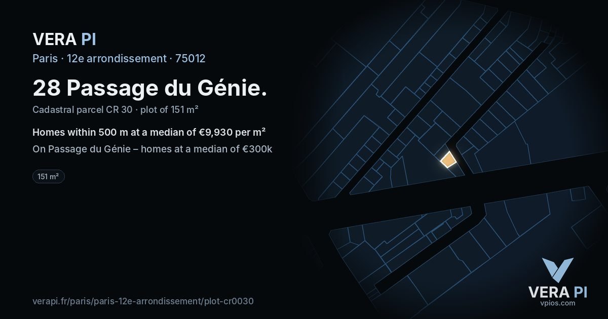 28 Passage du Génie, 12e arrondissement at night – the plot lit, the parcels around coloured by the prices near them