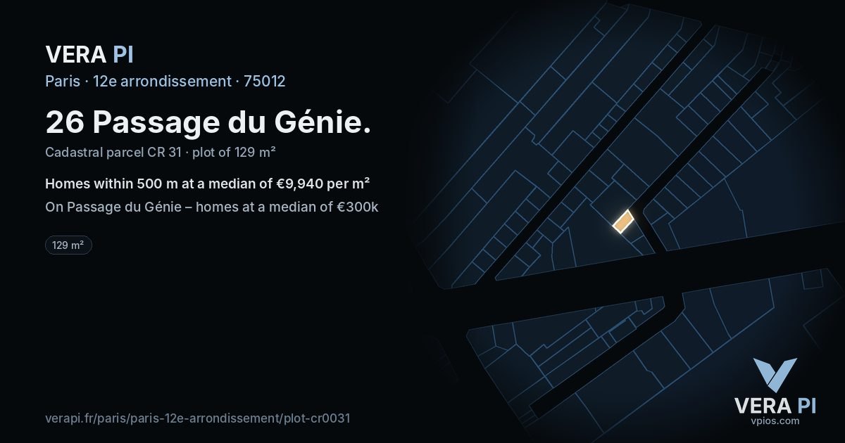 26 Passage du Génie, 12e arrondissement at night – the plot lit, the parcels around coloured by the prices near them