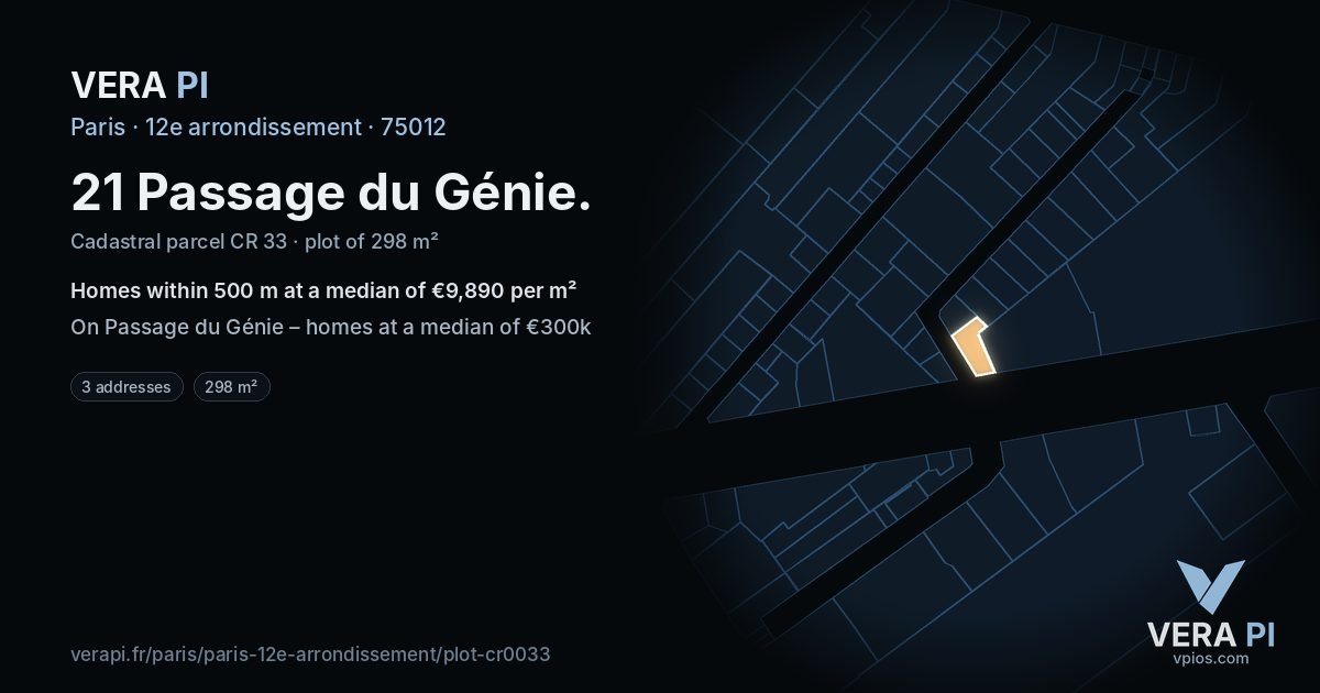 21 Passage du Génie, 12e arrondissement at night – the plot lit, the parcels around coloured by the prices near them